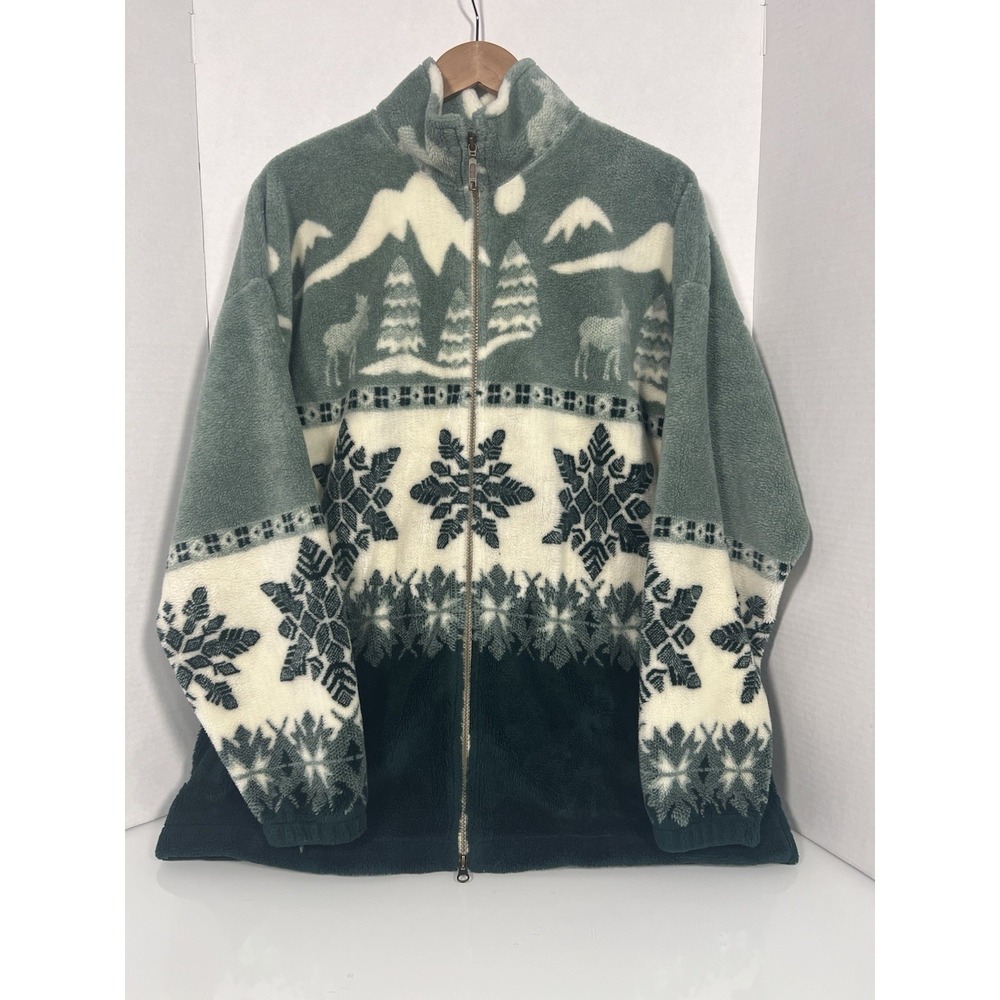 VTG Cabela's Full Zip Fleece Womens XL Moose Snowflake Mountain Lodge Green 100